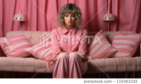 Sad woman in striped pajamas sitting on pink sofa, woman suffering from insomnia, pink banner for World Sleep Day, solution to insomnia and mental health problem Sad woman in striped pajamas sitting on pink sofa, woman suffering from insomnia, pink banner for World Sleep Day, solution to insomnia and mental health problem 110363285