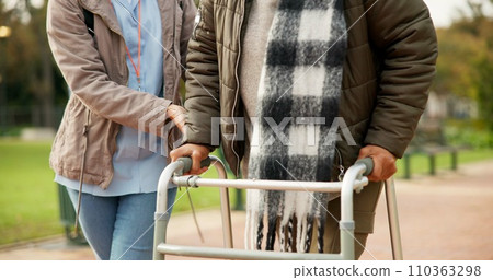 Nurse, support and walker with hands of old woman in park for help, person with a disability and retirement. Elderly care, nursing and closeup with caregiver and patient in nature for healthcare Nurse, support and walker with hands of old woman in park for help, person with a disability and retirement. Elderly care, nursing and closeup with caregiver and patient in nature for healthcare 110363298