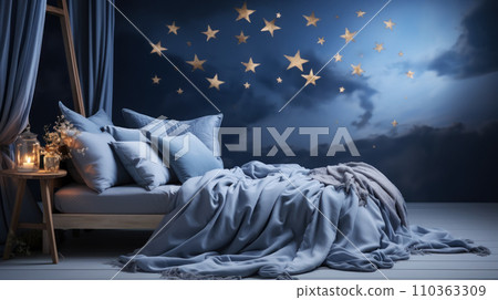 World Sleep Day banner for children's bedroom with wallpaper with starry sky, with space for concept and advertising World Sleep Day banner for children's bedroom with wallpaper with starry sky, with space for concept and advertising 110363309
