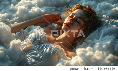 Beautiful red-haired girl sleeping on the clouds, world sleep day, postcard concept 110363316