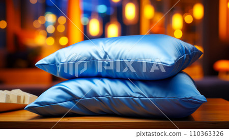 Two blue pillows on the bedside table against the background of the lights of the night city, time to go to bed, the concept of World Sleep Day, advertising of essential textiles and accessories Two blue pillows on the bedside table against the background of the lights of the night city, time to go to bed, the concept of World Sleep Day, advertising of essential textiles and accessories 110363326