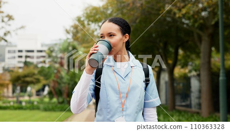 Medical nurse, woman, coffee and outdoor with thinking, vision or ideas for healthcare career in Toronto. Young doctor, park and nature for walk, drink tea and mindset on path, wellness or clinic job Medical nurse, woman, coffee and outdoor with thinking, vision or ideas for healthcare career in Toronto. Young doctor, park and nature for walk, drink tea and mindset on path, wellness or clinic job 110363328