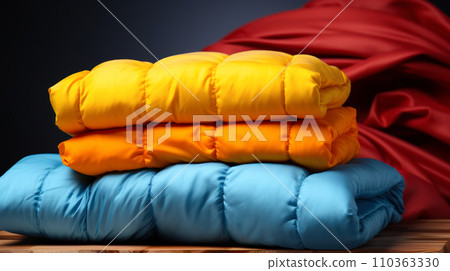 Multi-colored warm blankets made from recycled materials and down, world sleep day concept, advertising essential textiles and accessories for a comfortable sleep Multi-colored warm blankets made from recycled materials and down, world sleep day concept, advertising essential textiles and accessories for a comfortable sleep 110363330