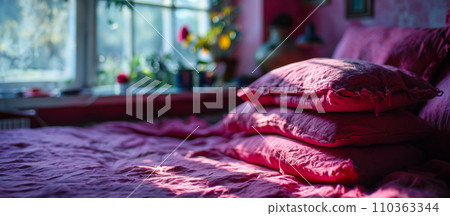 Bed with dark red blanket and pillows opposite the window, world sleep day concept, boho style apartment design with copy space Bed with dark red blanket and pillows opposite the window, world sleep day concept, boho style apartment design with copy space 110363344