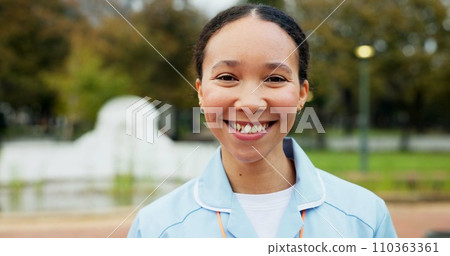 Professional nurse woman, outdoor and face with smile, young and excited for medical career in Toronto. Doctor lady, park and nature for walk, wellness and healthcare in summer sunshine in portrait 110363361