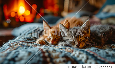 Peacefully sleeping kittens on a blanket against the background of a fireplace, cute home comfort, postcard for World Sleep and Pet Care Day 110363363