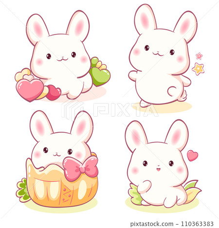 Set of little bunny in kawaii style. Tiny baby rabbits in multiple poses. Cute rabbit expression sheet collection. Can be used for t-shirt print, sticker, greeting card. Vector EPS8 110363383