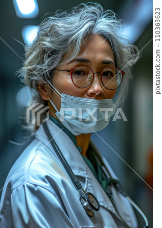 Portrait of an adult Asian female therapist wearing a surgical medical mask on her face stands in the clinic corridor, concept of affordable medicine and healthcare 110363623
