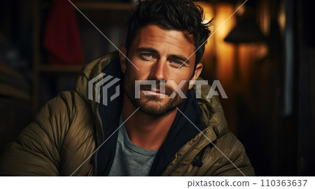 Portrait of a traveler tourist relaxing in the lobby of a chateau after hiking or skiing, concept for a banner about popular routes Portrait of a traveler tourist relaxing in the lobby of a chateau after hiking or skiing, concept for a banner about popular routes 110363637