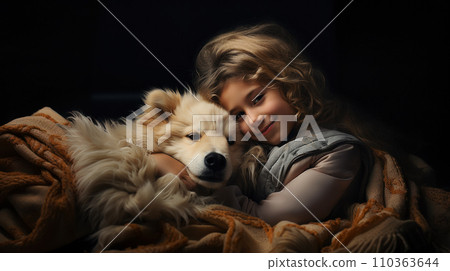 Girl hugging her dog, friends lying on the sofa covered with a blanket, banner for the concept of world sleep day Girl hugging her dog, friends lying on the sofa covered with a blanket, banner for the concept of world sleep day 110363644