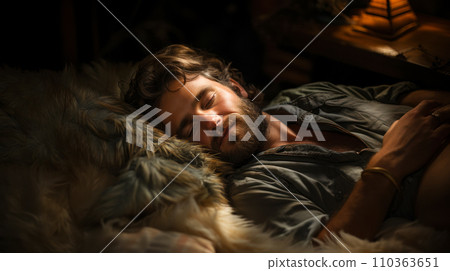An adult man sleeps on lamb skins on a sofa in a chateau on a sofa, relaxation and sleep after a hike in the mountains, time to travel, World Sleep Day concept An adult man sleeps on lamb skins on a sofa in a chateau on a sofa, relaxation and sleep after a hike in the mountains, time to travel, World Sleep Day concept 110363651