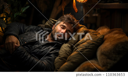 Bearded adult man sleeping in a down jacket on a sofa covered with a blanket, relaxation and sleep after hiking in the mountains, time to travel, World Sleep Day concept 110363653