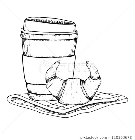 Vector take out coffee cup with croissant on napkin black and white line vector illustration for breakfast and coffee break designs, cafe, restaurant food menus Vector take out coffee cup with croissant on napkin black and white line vector illustration for breakfast and coffee break designs, cafe, restaurant food menus 110363678