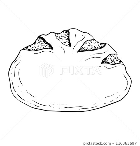 Round loaf of fresh bread vector black and white illustration. Hand drawn rustic food sketch for bakery and kitchen decor, menu, cookbook, recipe, picnic, Shavuot designs 110363697