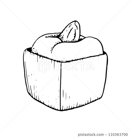 Chocolate candy with praline cream and almond or pistachio nut vector black and white line illustration of confectionery. Cocoa dessert for logo, menu, label and packaging design Chocolate candy with praline cream and almond or pistachio nut vector black and white line illustration of confectionery. Cocoa dessert for logo, menu, label and packaging design 110363700