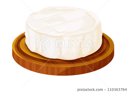 Camembert cheese, brie french soft creamy food on wooden tray in cartoon style isolated on white background. Camembert cheese, brie french soft creamy food on wooden tray in cartoon style isolated on white background. 110363764
