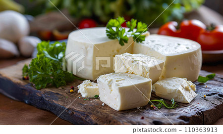 Fresh soft Georgian suluguni cheese on an old wooden table next to tomatoes and herbs, light breakfast with cheese in a village tavern, traditional natural farm products Fresh soft Georgian suluguni cheese on an old wooden table next to tomatoes and herbs, light breakfast with cheese in a village tavern, traditional natural farm products 110363913
