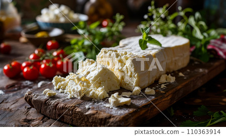 Suluguni cheese on a wooden old table, traditional farm products, cheese with a texture similar to mozzarella, healthy and viscous cheese, natural delicious products Suluguni cheese on a wooden old table, traditional farm products, cheese with a texture similar to mozzarella, healthy and viscous cheese, natural delicious products 110363914