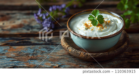 Matsoni - Georgian yogurt, widely used in sauces and dressings, banner with copy space lies on an old wooden table, gastronomic tourism and travel to popular places, idea for advertising or menu Matsoni - Georgian yogurt, widely used in sauces and dressings, banner with copy space lies on an old wooden table, gastronomic tourism and travel to popular places, idea for advertising or menu 110363915
