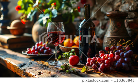 Still life with a glass of wine in a distillery, old wooden table with bunches of grapes, time to travel along popular routes, advertising a traditional distillery 110363945