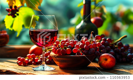 Postcard invitation to the young wine festival, a glass of wine on an old wooden table next to bunches of grapes, time to travel along popular routes Postcard invitation to the young wine festival, a glass of wine on an old wooden table next to bunches of grapes, time to travel along popular routes 110363953