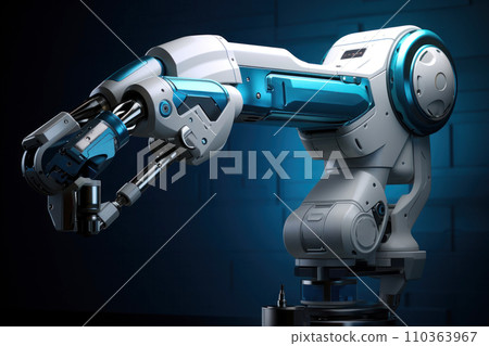 A robotic manipulator for performing technical operations in production is standing in a warehouse, preparing to configure the manipulator. Use of robotic machines in production A robotic manipulator for performing technical operations in production is standing in a warehouse, preparing to configure the manipulator. Use of robotic machines in production 110363967