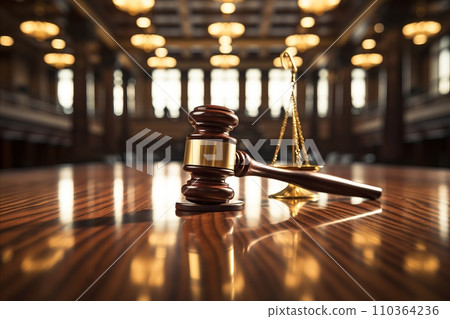 Close-up of a Judgment Gavel Hammer in a Courtroom - Symbol of Justice and Legal Proceedings 110364236