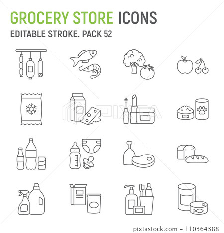 Grocery store line icon set, food collection, vector graphics, logo illustrations, supermarket departments vector icons, food and drinks signs, outline pictograms, editable stroke 110364388
