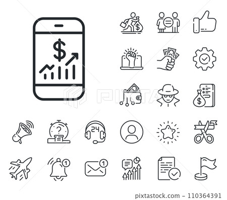 Business audit sign. Salaryman, gender equality and alert bell outline icons. Mobile finance line icon. Check investment symbol. Mobile finance line sign. Spy or profile placeholder icon. Vector 110364391