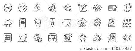 Icons pack as Evaporation, Charging station and Puzzle line icons for app include Checklist, Inspect, Verify outline thin icon web set. Sun protection, Fake news, Seo stats pictogram. Vector 110364437