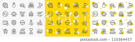 Outline Holidays shopping, Justice scales and Money bag line icons pack for web with Typewriter, Hold heart, Dice line icon. Time hourglass, Brush, Honeymoon cruise pictogram icon. Vector 110364457