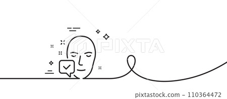 Face accepted line icon. Continuous one line with curl. Access granted sign. Facial identification success symbol. Face accepted single outline ribbon. Loop curve pattern. Vector 110364472