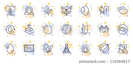 Outline set of Fisherman, Plants watering and Safe water line icons for web app. Include Walnut, Christmas tree, Cold-pressed oil pictogram icons. Strawberry, Hazelnut, Photo signs. Vector 110364617