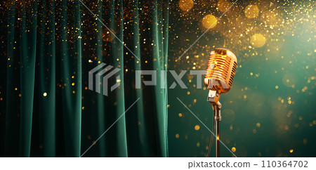 AI-generated content. Vintage metal microphone, retro item against green velvet curtain background with glitter bokeh 110364702