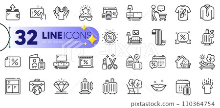 Outline set of Businessman case, Tv stand and Wallet line icons for web with Baggage calendar, Market, Furniture thin icon. Dresser, T-shirt design, Lips pictogram icon. Carry-on baggage. Vector 110364754