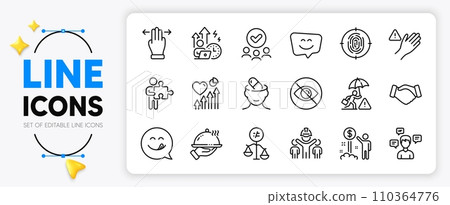 Puzzle, Not looking and Multitasking gesture line icons set for app include Yummy smile, Approved group, Difficult stress outline thin icon. Engineering team, Heart beat. Vector Puzzle, Not looking and Multitasking gesture line icons set for app include Yummy smile, Approved group, Difficult stress outline thin icon. Engineering team, Heart beat. Vector 110364776