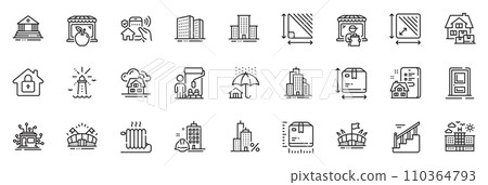 Icons pack as Painter, Stairs and Market line icons for app include Hotel, Arena, Building outline thin icon web set. Distribution, Square area, Court building pictogram. Box size, Lock. Vector 110364793
