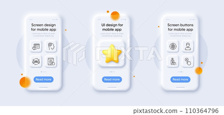 Engineering, Reject click and Fingerprint line icons pack. 3d phone mockups with star. Glass smartphone screen. Engineering team, Headshot, Swipe up web icon. Vector 110364796