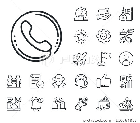 Phone support sign. Salaryman, gender equality and alert bell outline icons. Call center service line icon. Feedback symbol. Call center line sign. Spy or profile placeholder icon. Vector 110364813