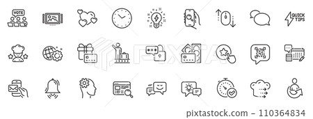 Icons pack as Time, Account and Messenger line icons for app include Best chef, Idea lamp, Money outline thin icon web set. Online voting, Clock bell, Scroll down pictogram. Time outline sign. Vector Icons pack as Time, Account and Messenger line icons for app include Best chef, Idea lamp, Money outline thin icon web set. Online voting, Clock bell, Scroll down pictogram. Time outline sign. Vector 110364834