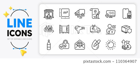 Eye drops, Queue and Wine bottle line icons set for app include Delivery route, Market buyer, Car service outline thin icon. Sunny weather, Verified locker, Web mail pictogram icon. Vector Eye drops, Queue and Wine bottle line icons set for app include Delivery route, Market buyer, Car service outline thin icon. Sunny weather, Verified locker, Web mail pictogram icon. Vector 110364907