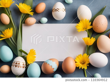 Realistic Easter greeting card, banner with flowers, Easter eggs and and flowers. 110364912