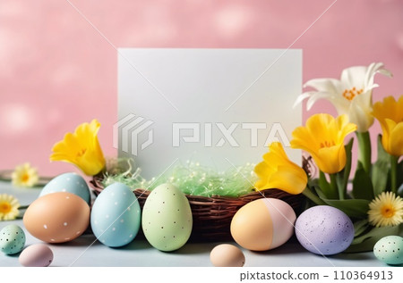 Realistic Easter greeting card, banner with flowers, Easter eggs and and flowers. 110364913
