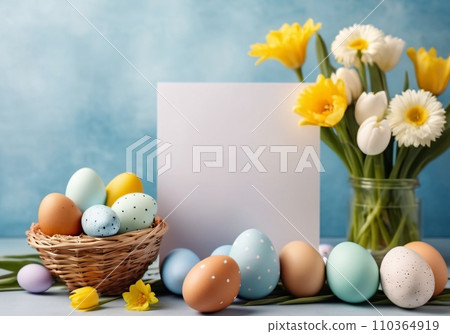 Realistic Easter greeting card, banner with flowers, Easter eggs and and flowers. 110364919