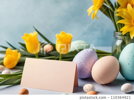 Realistic Easter greeting card, banner with flowers, Easter eggs and and flowers. 110364921
