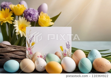 Realistic Easter greeting card, banner with flowers, Easter eggs and and flowers. Realistic Easter greeting card, banner with flowers, Easter eggs and and flowers. 110364922