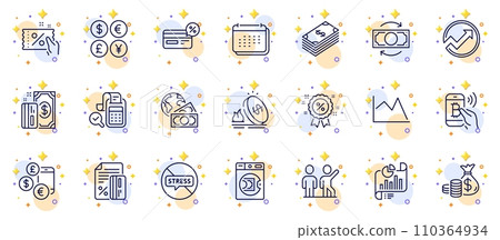 Outline set of Currency rate, Money currency and Coins bag line icons for web app. Include Payment, Discount, Dollar pictogram icons. Line chart, Credit card, Teamwork signs. Gas price. Vector 110364934