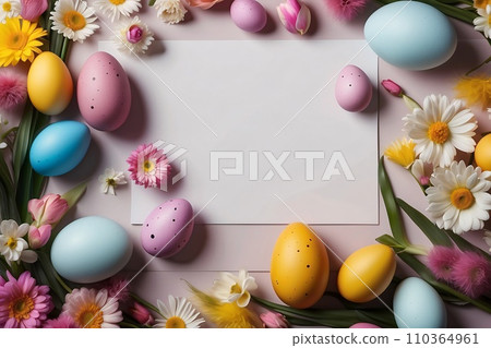 Realistic Easter greeting card, banner with flowers, Easter eggs and and flowers. Realistic Easter greeting card, banner with flowers, Easter eggs and and flowers. 110364961