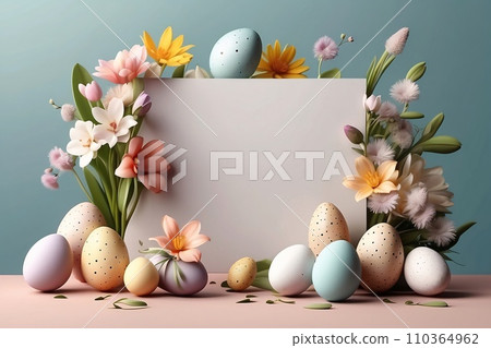 Realistic Easter greeting card, banner with flowers, Easter eggs and and flowers. 110364962