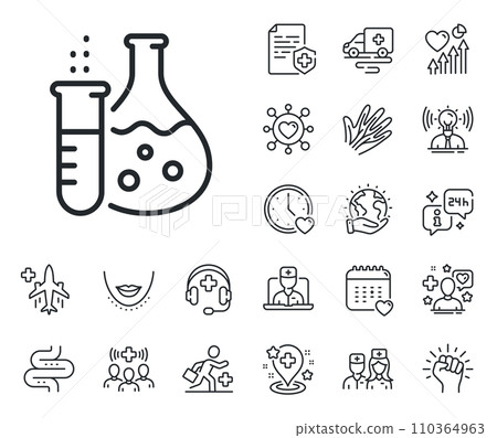 Laboratory tube sign. Online doctor, patient and medicine outline icons. Chemistry flask line icon. Analysis lab symbol. Chemistry flask line sign. Veins, nerves and cosmetic procedure icon. Vector 110364963